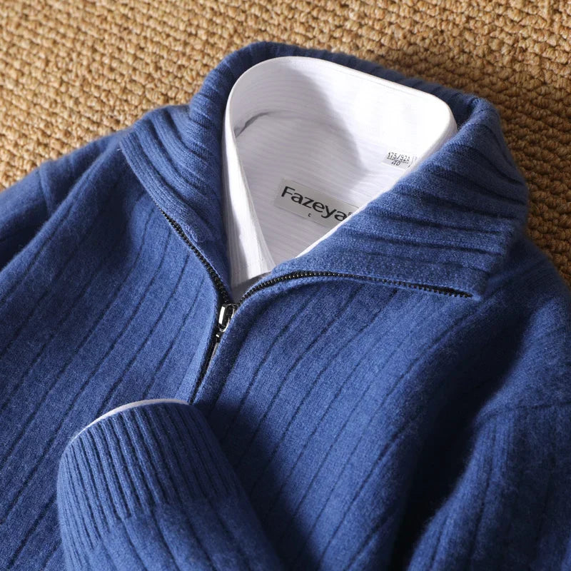 Sophisticated Merino Wool Full-Zip Ribbed Sweater: Lightweight, Warm, Breathable Luxury