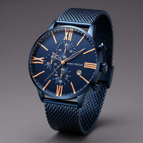 Calvin Clarke Noctis Chronograph Watch: Milanese Mesh, Sapphire Crystal, Roman Dial