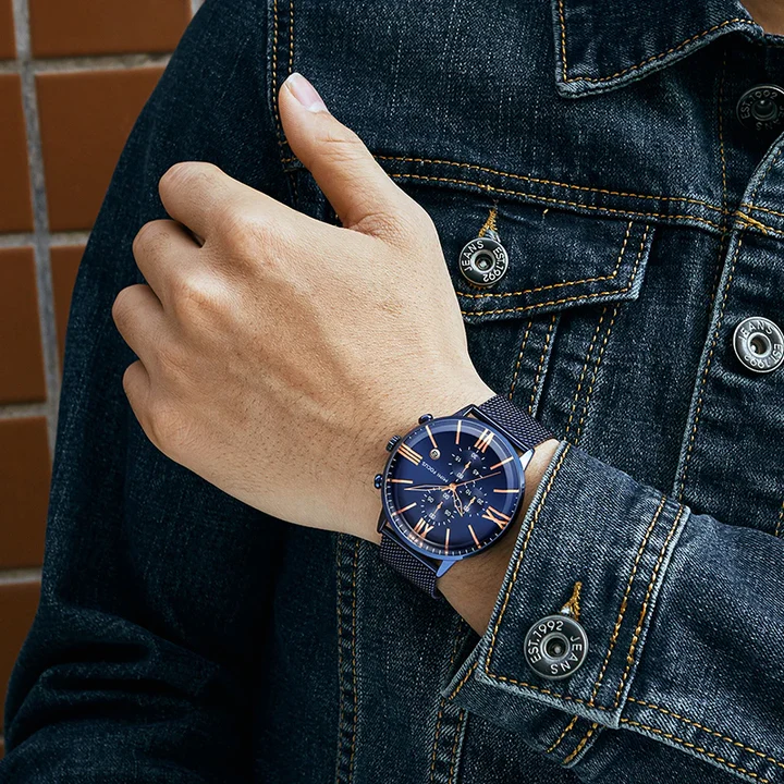 Calvin Clarke Noctis Chronograph Watch: Milanese Mesh, Sapphire Crystal, Roman Dial