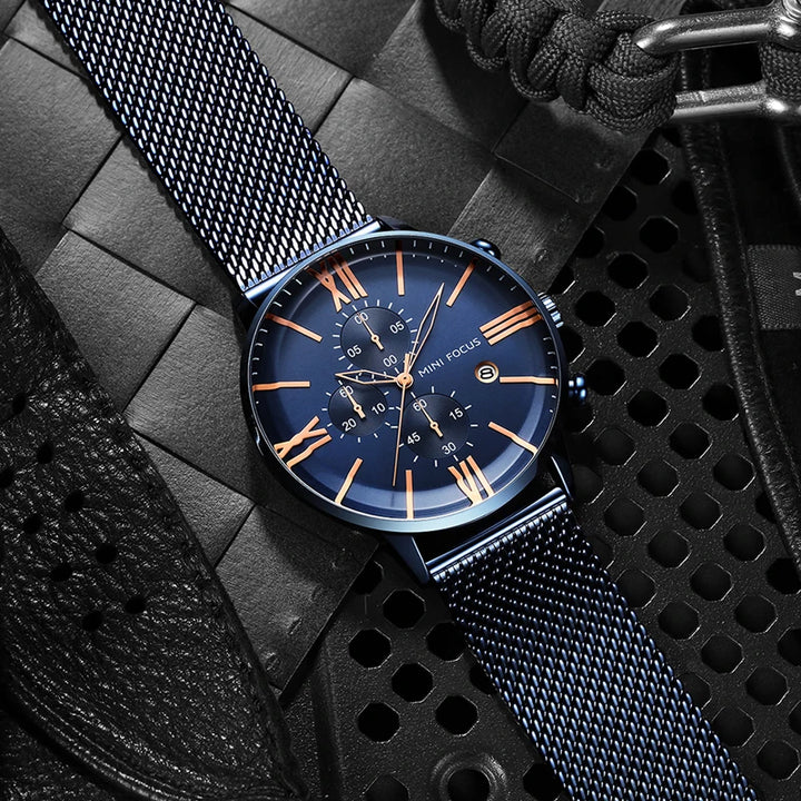 Calvin Clarke Noctis Chronograph Watch: Milanese Mesh, Sapphire Crystal, Roman Dial
