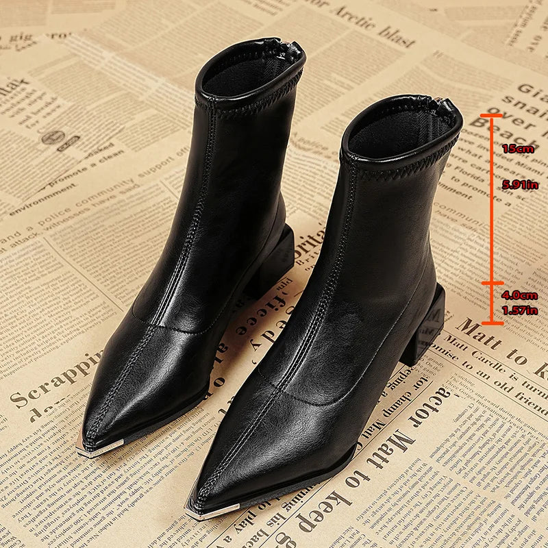 Sophisticated Women's Pointed Toe Block Heel Ankle Boots with Metal Trim