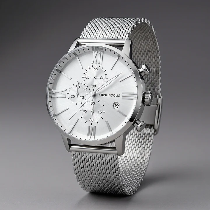 Calvin Clarke Noctis Chronograph Watch: Milanese Mesh, Sapphire Crystal, Roman Dial