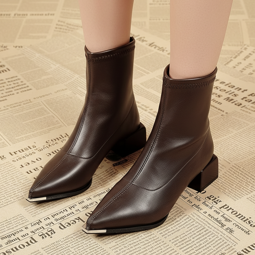 Sophisticated Women's Pointed Toe Block Heel Ankle Boots with Metal Trim