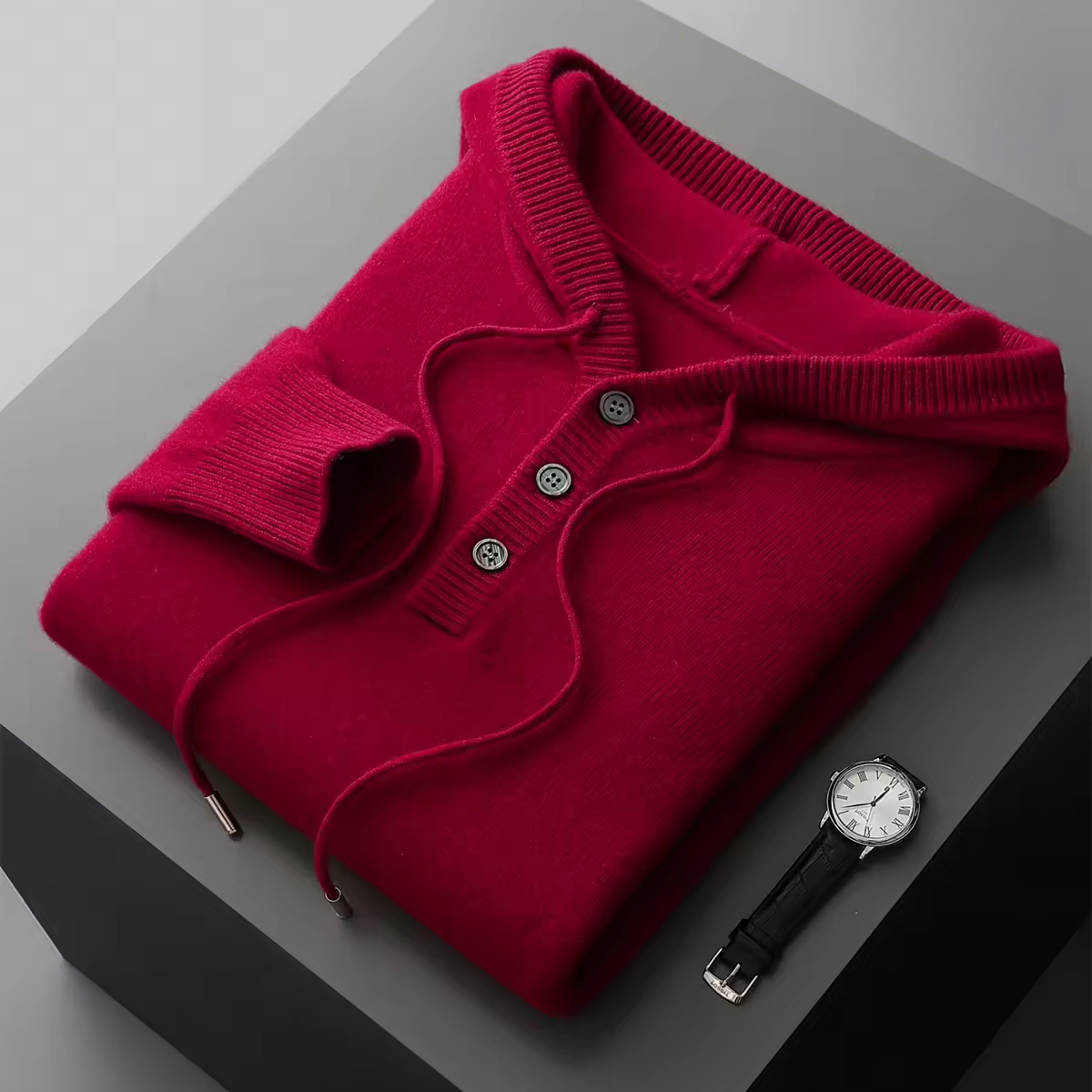 Aurelio Men's Tailored Knit Hoodie - Soft Cotton Blend, Button Placket